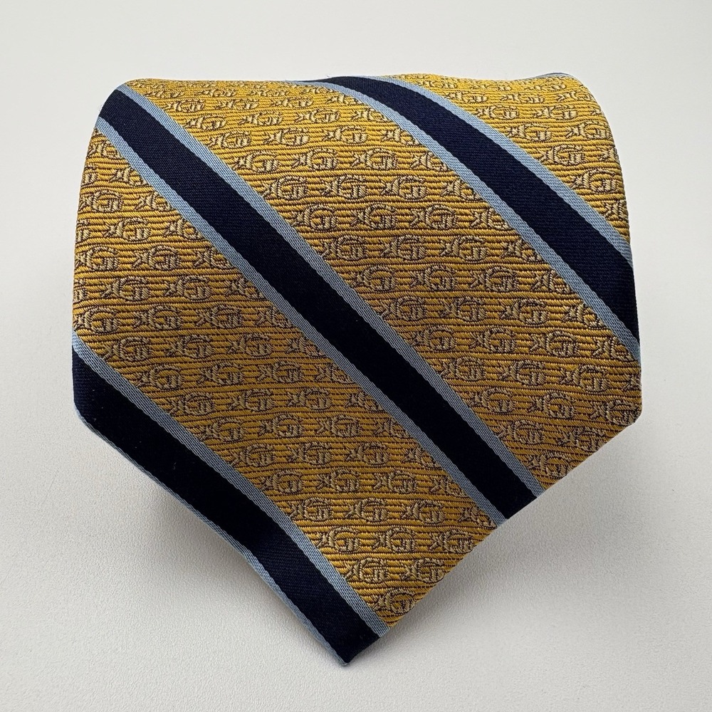 Brooks Brothers Makers Tie Mens Yellow Navy Blue Striped Silk Woven in England